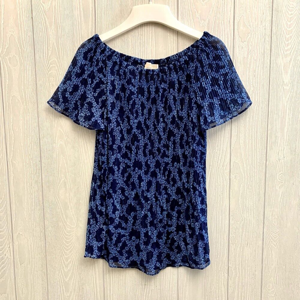 Michael Kors Blue Floral Sheer Short Sleeve Pleated Top Medium